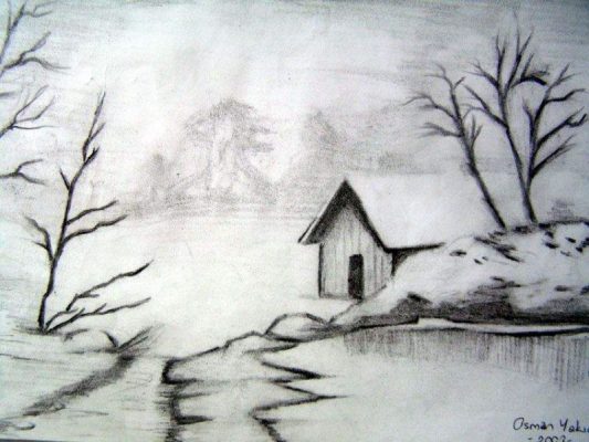  kolay çizilen kış manzara resmi
